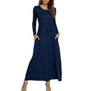 NEW CALIPESSA Women's Ruffle Tunic Solid Maxi Dress Long Sleeve Scoop Neck Navy